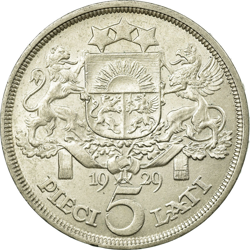 Moneta, Łotwa, 5 Lati, 1929, AU(55-58), Srebro, KM:9
