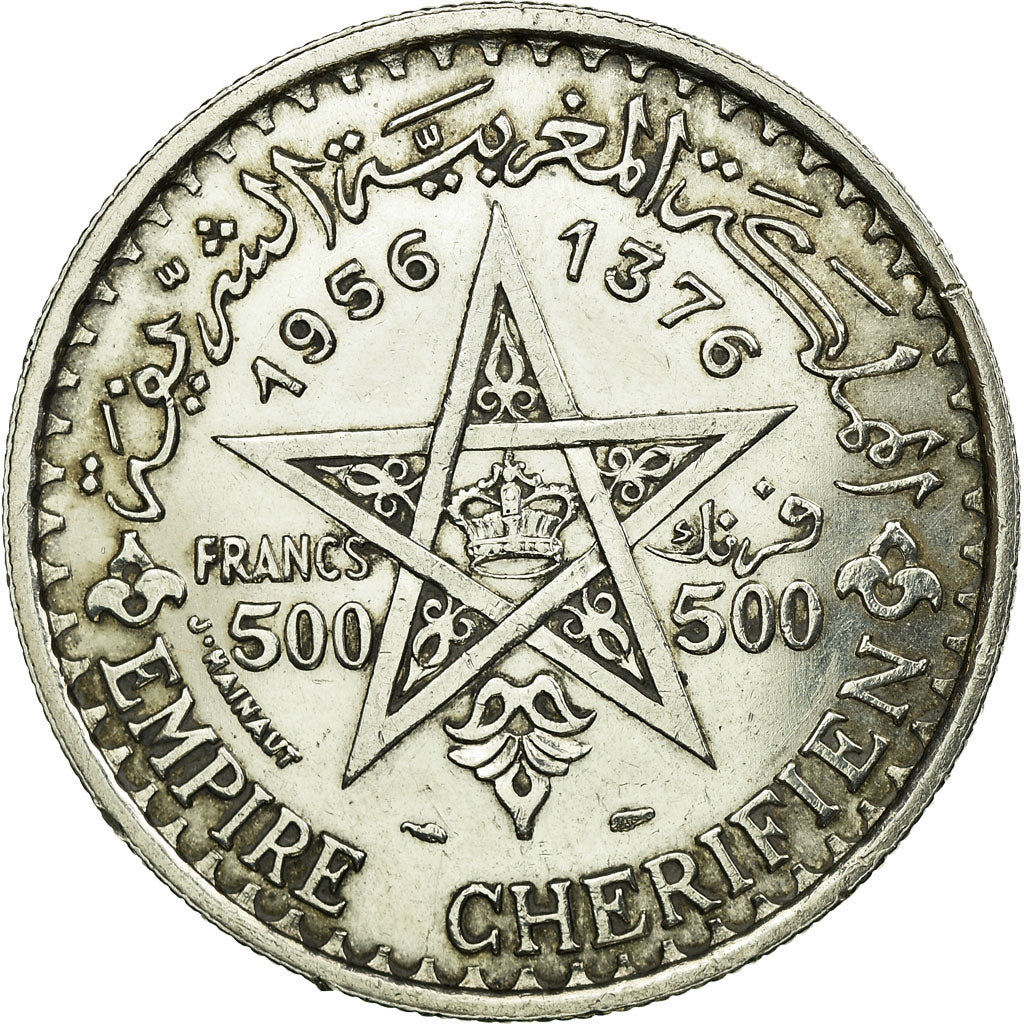 Coin, Morocco, Mohammed V, 500 Francs, 1956/AH1376, Paris, EF(40-45), Silver