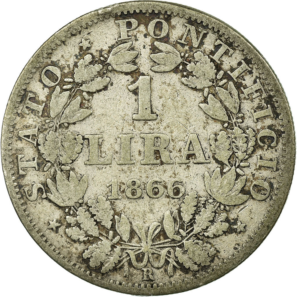 Moneda, Estados italianos, PAPAL STATES, Pius IX, Lira, 1866, Roma, BC+, Plata