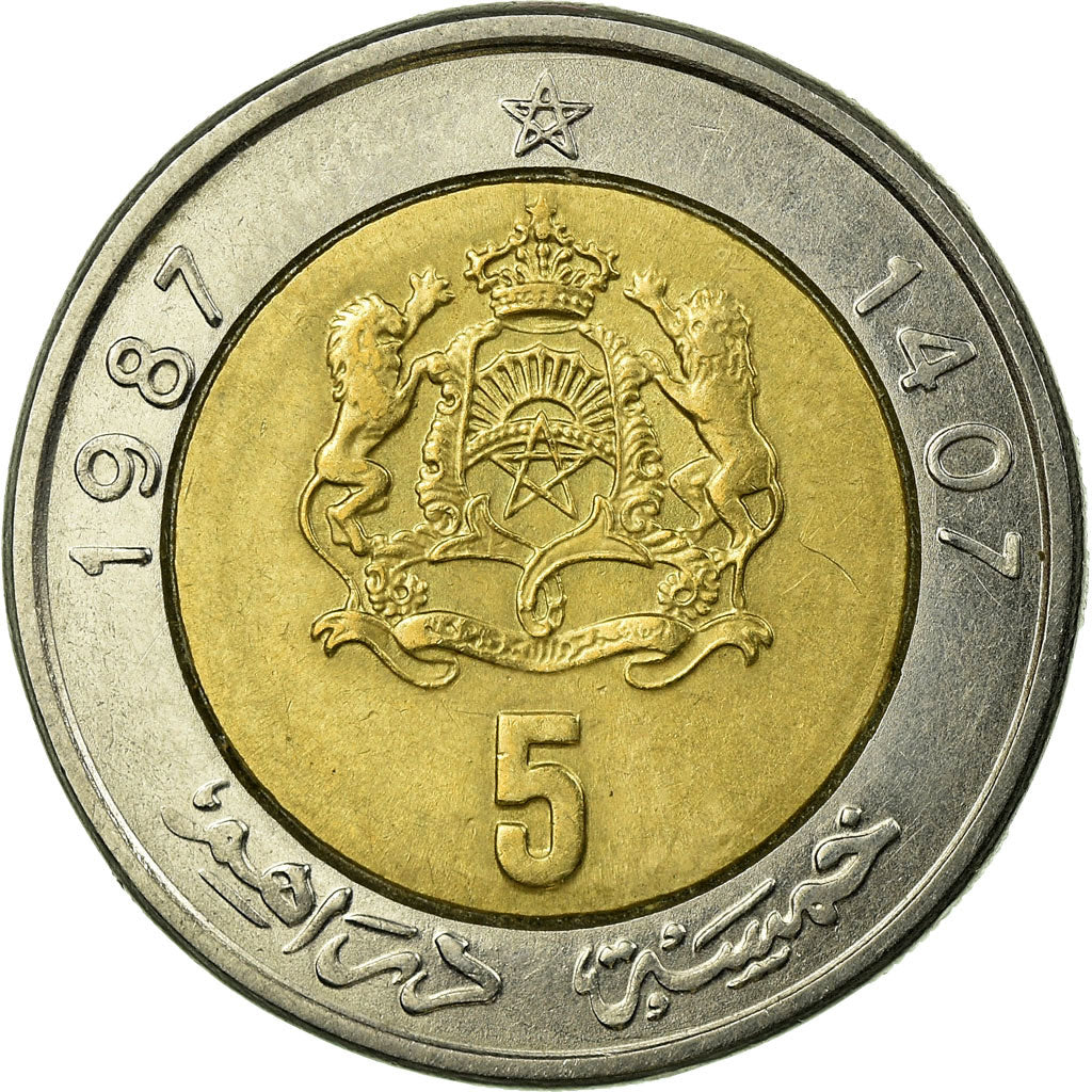 Coin, Morocco, al-Hassan II, 5 Dirhams, 1987/AH1407, Paris, AU(55-58)