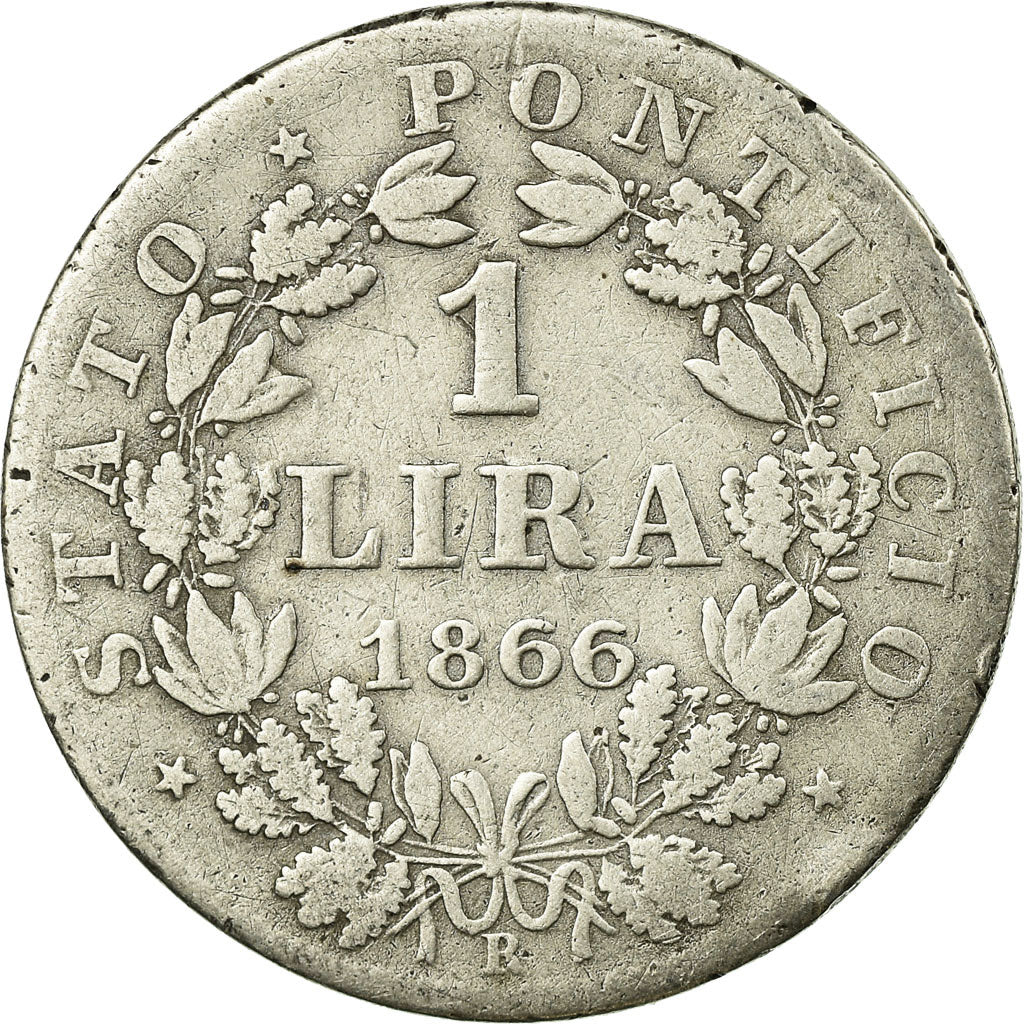 Moeda, ESTADOS ITALIANOS, PAPAL STATES, Pius IX, Lira, 1866, Roma, VF(20-25)