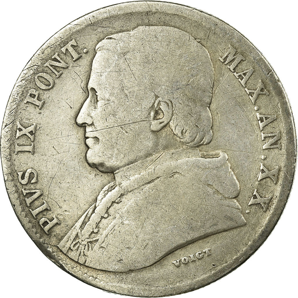 Coin, ITALIAN STATES, PAPAL STATES, Pius IX, 20 Baiocchi, 1865, Roma, VF(20-25)