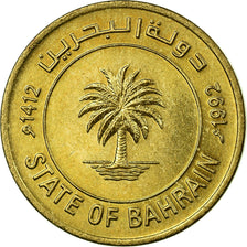 Coin, Bahrain, 5 Fils, 1992/AH1412, AU(55-58), Brass, KM:16