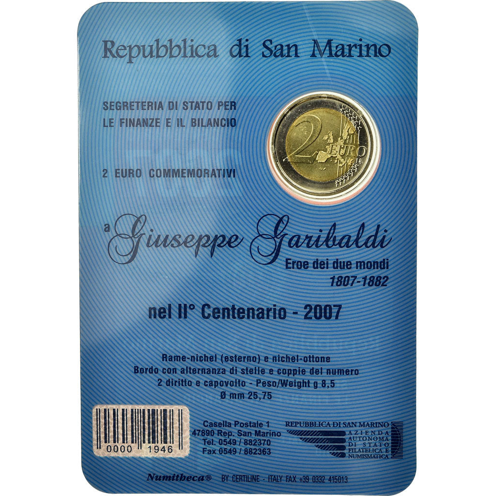 San Marino, 2 Euro, Giuseppe Garibaldi, 2007, Sin información