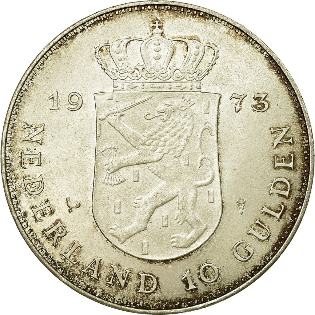 Coin, Netherlands, Juliana, 10 Gulden, 1973, EF(40-45), Silver, KM:196