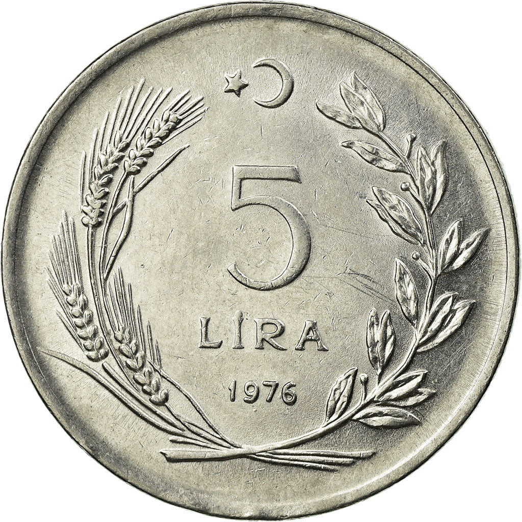 Moneta, Turchia, 5 Lira, 1976, SPL-, Acciaio inossidabile, KM:905