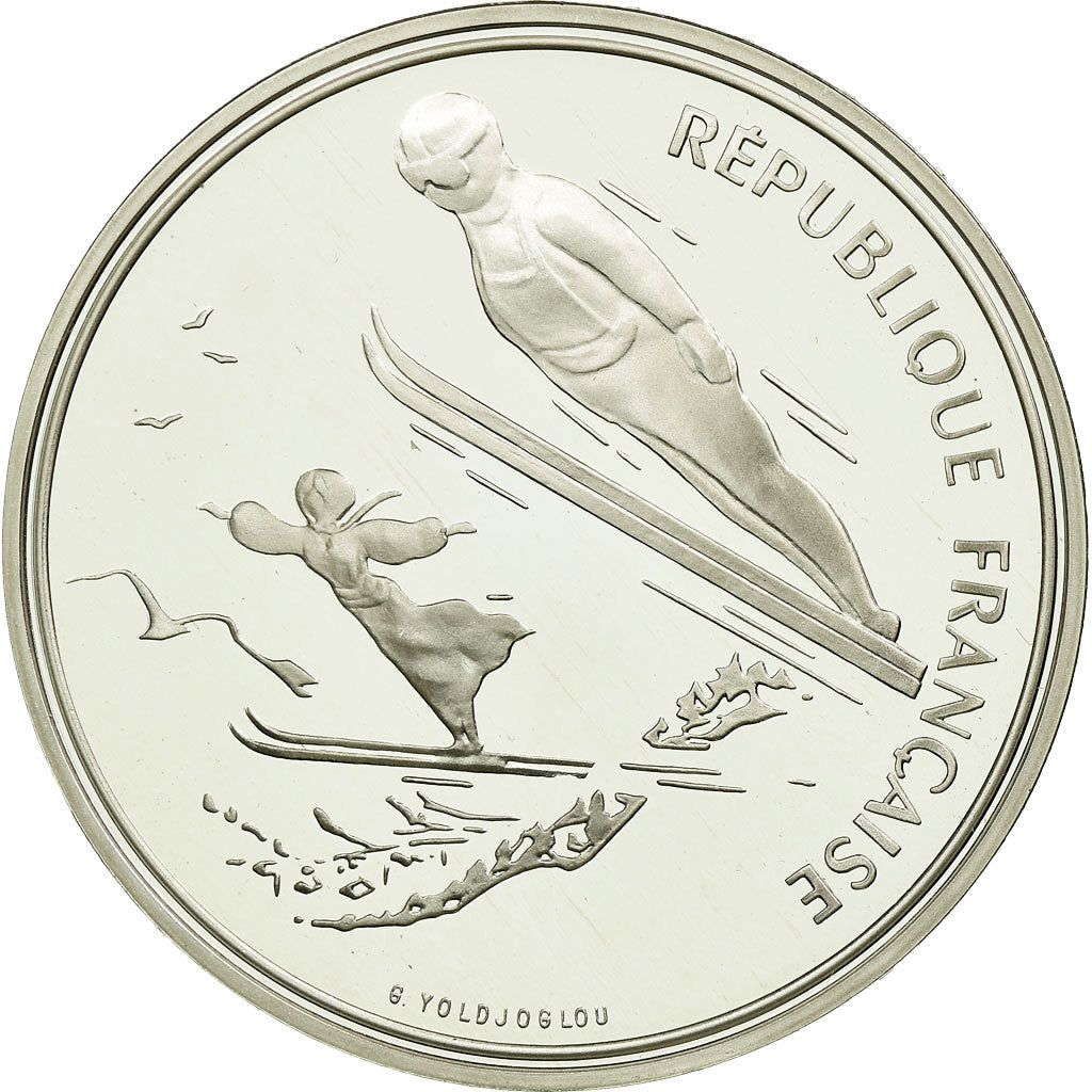 Moneta, Francja, Ski jumpers, 100 Francs, 1991, MS(65-70), Srebro, KM:995