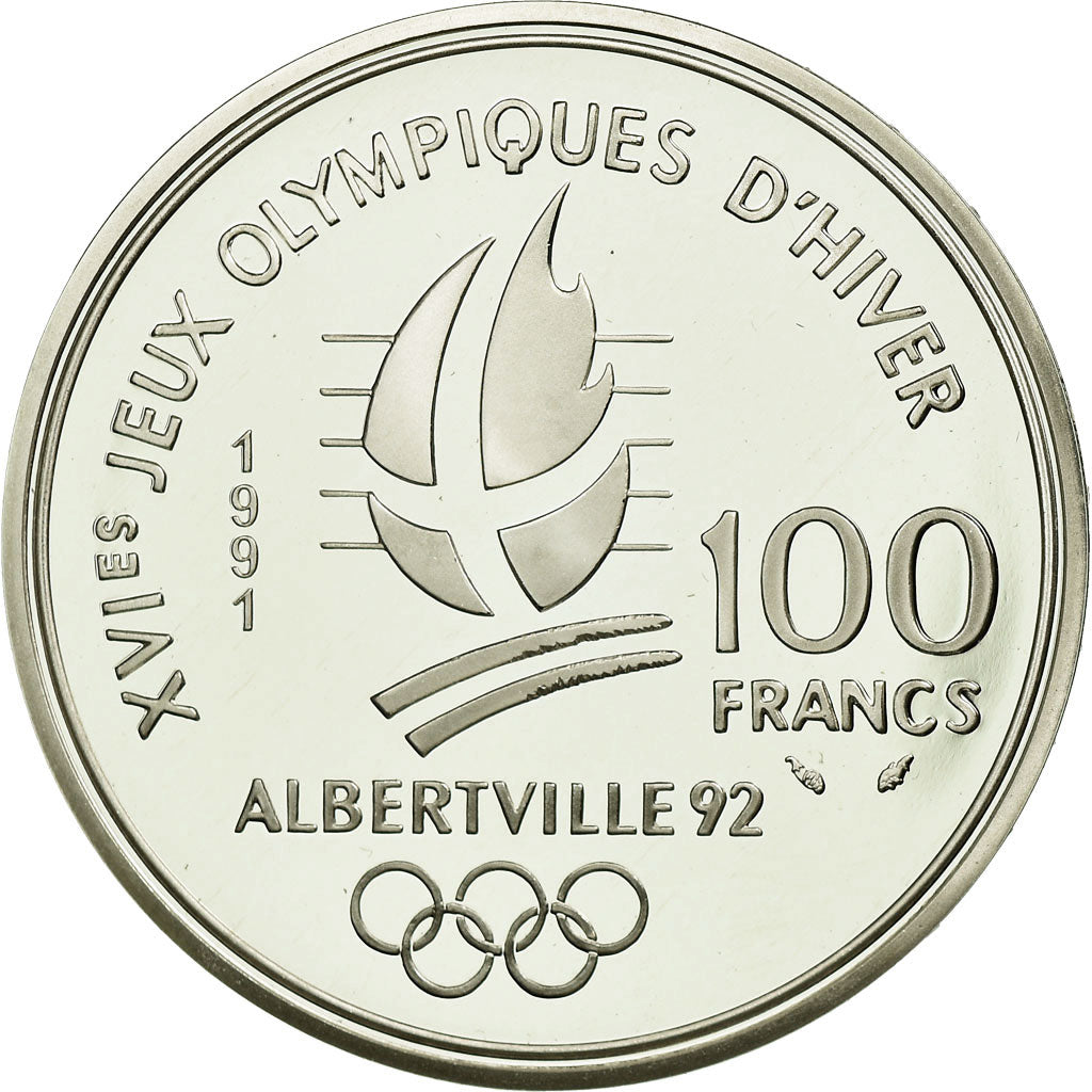 Moneta, Francja, Ski jumpers, 100 Francs, 1991, MS(65-70), Srebro, KM:995
