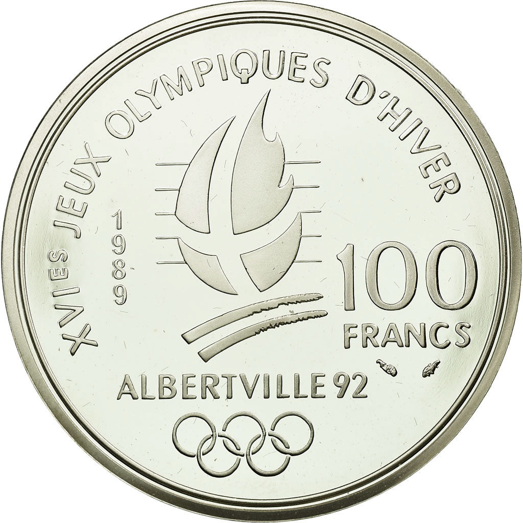 Moeda, França, Patinage, 100 Francs, 1989, MS(65-70), Prata, KM:972, Gadoury:C3