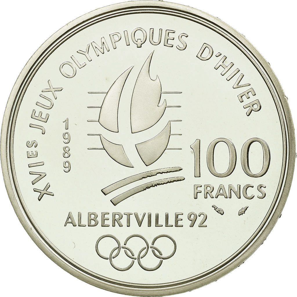 Munten, Frankrijk, Ski alpin, 100 Francs, 1989, FDC, Zilver, KM:971, Gadoury:C1