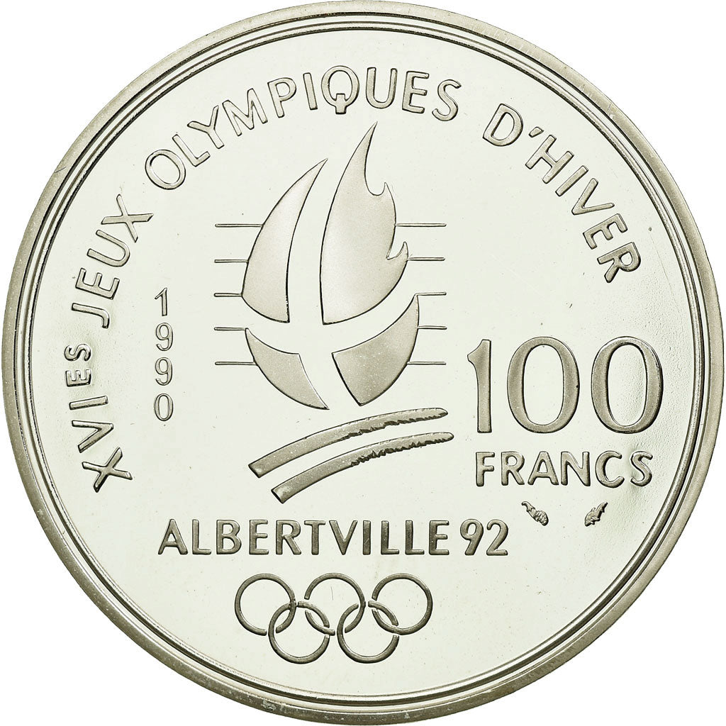 Moeda, França, Ski Acrobatique, 100 Francs, 1990, MS(65-70), Prata, KM:983