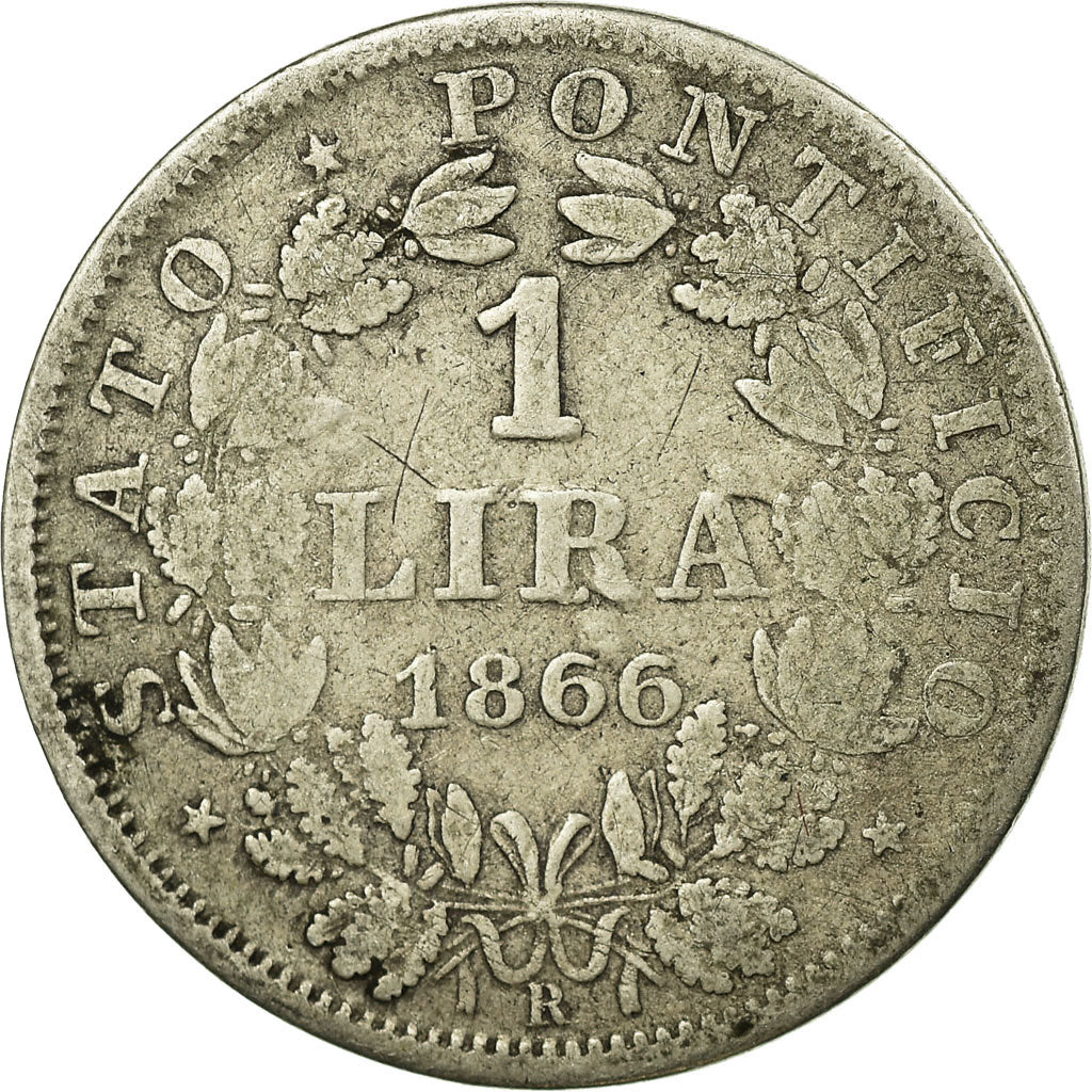 Moeda, ESTADOS ITALIANOS, PAPAL STATES, Pius IX, Lira, 1866, Roma, VF(20-25)