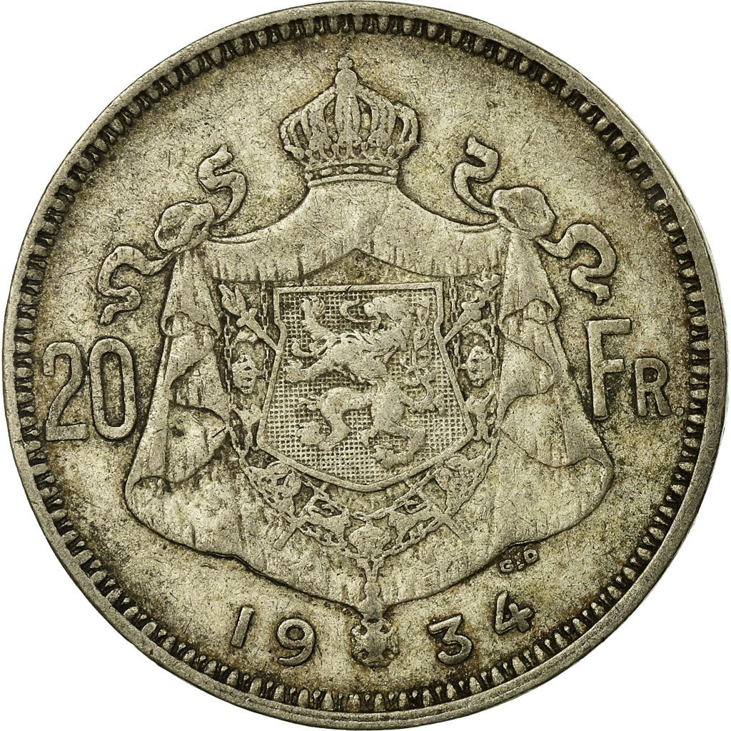Coin, Belgium, 20 Francs, 20 Frank, 1934, VF(20-25), Silver, KM:104.1