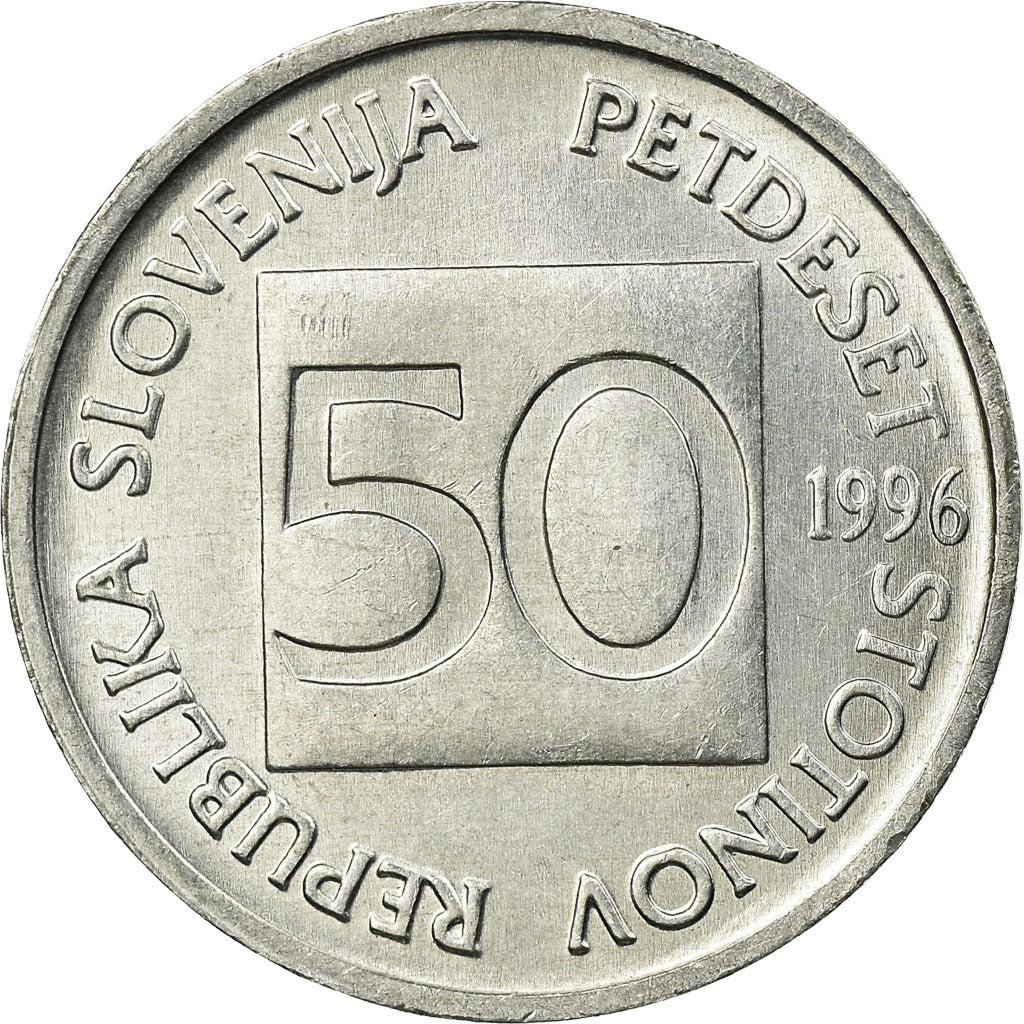 Moeda, Eslovénia, 50 Stotinov, 1996, AU(55-58), Alumínio, KM:3