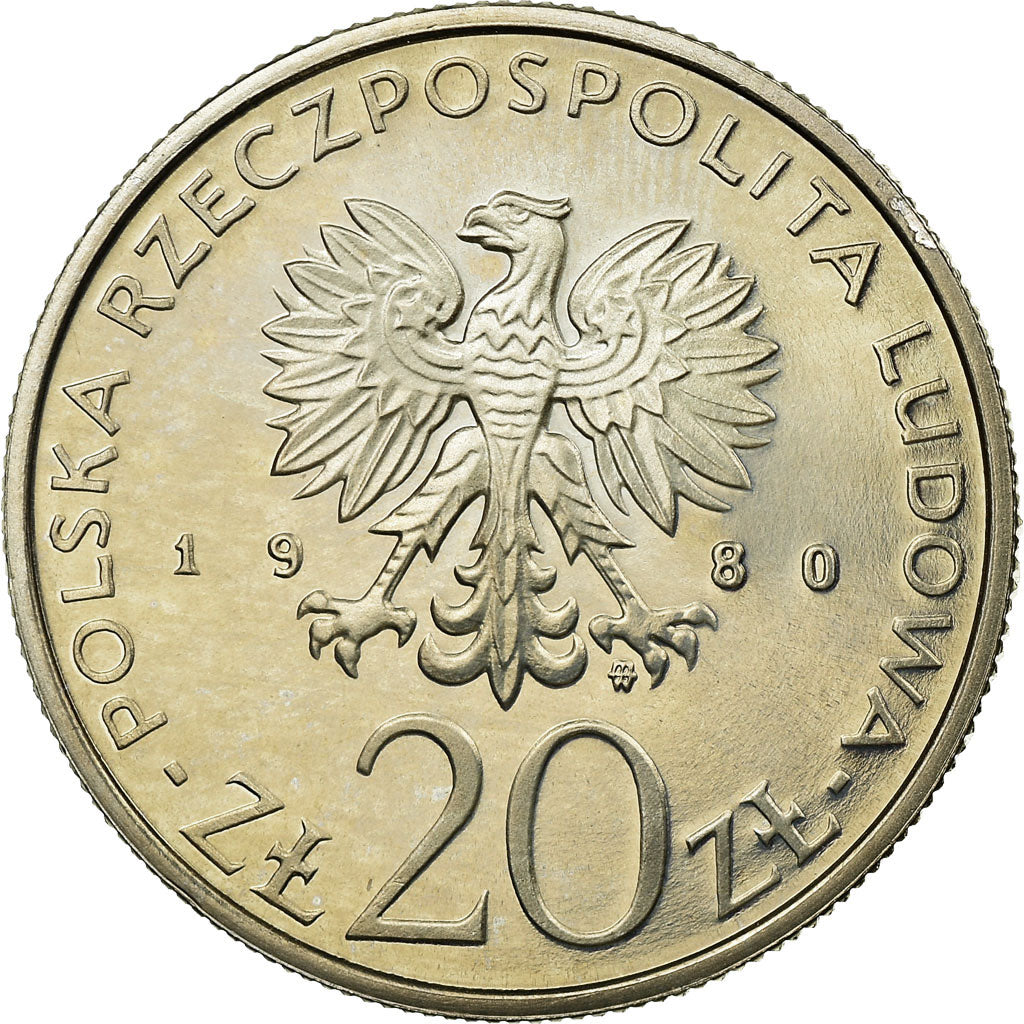 Moeda, Polónia, 20 Zlotych, 1980, Warsaw, MS(63), Cobre-níquel, KM:108