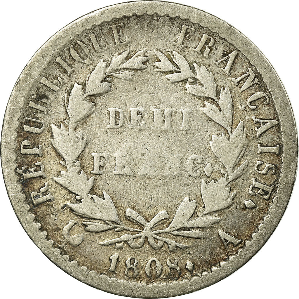 Coin, France, Napoléon I, 1/2 Franc, 1808, Paris, VF(20-25), Silver, KM:680.1