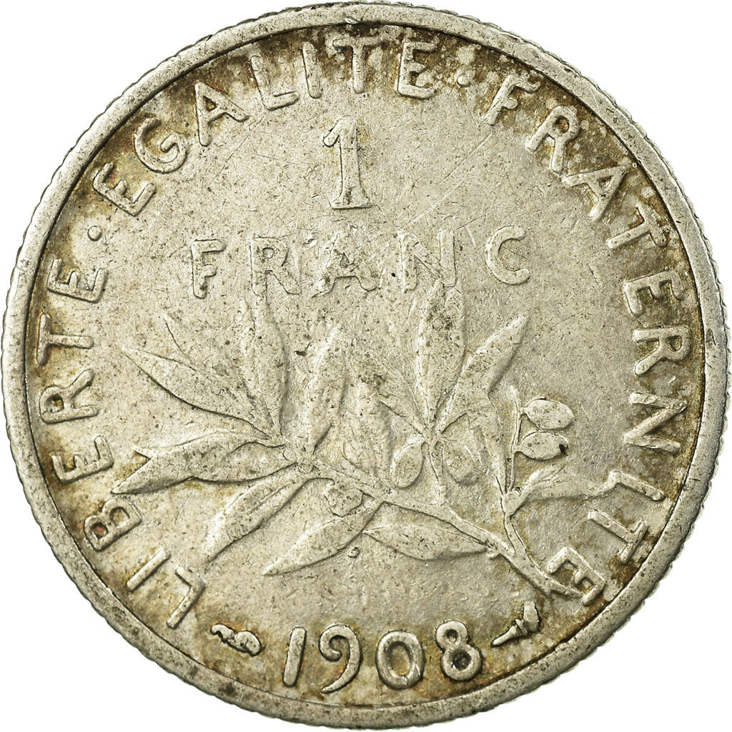 Moneda, Francia, Semeuse, Franc, 1908, Paris, BC+, Plata, KM:844.1
