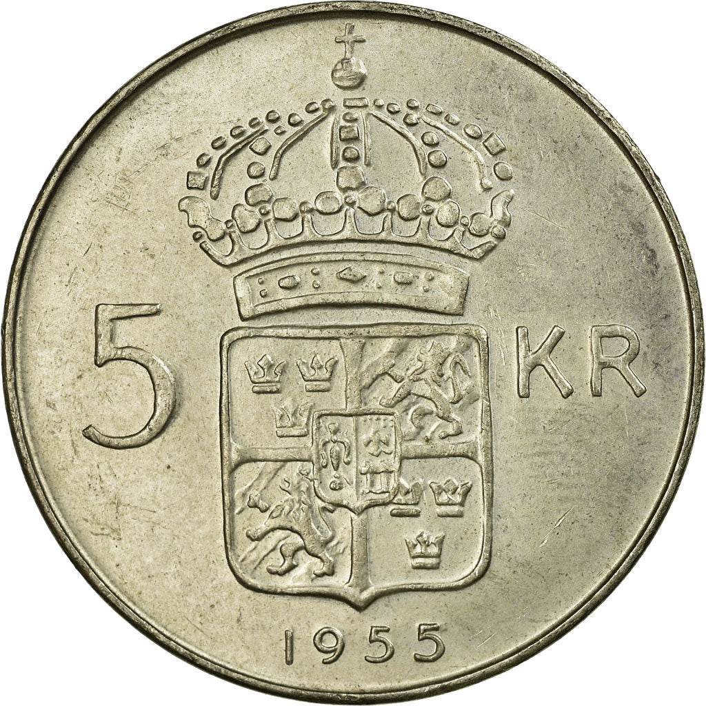 Coin, Sweden, Gustaf VI, 5 Kronor, 1955, EF(40-45), Silver, KM:829