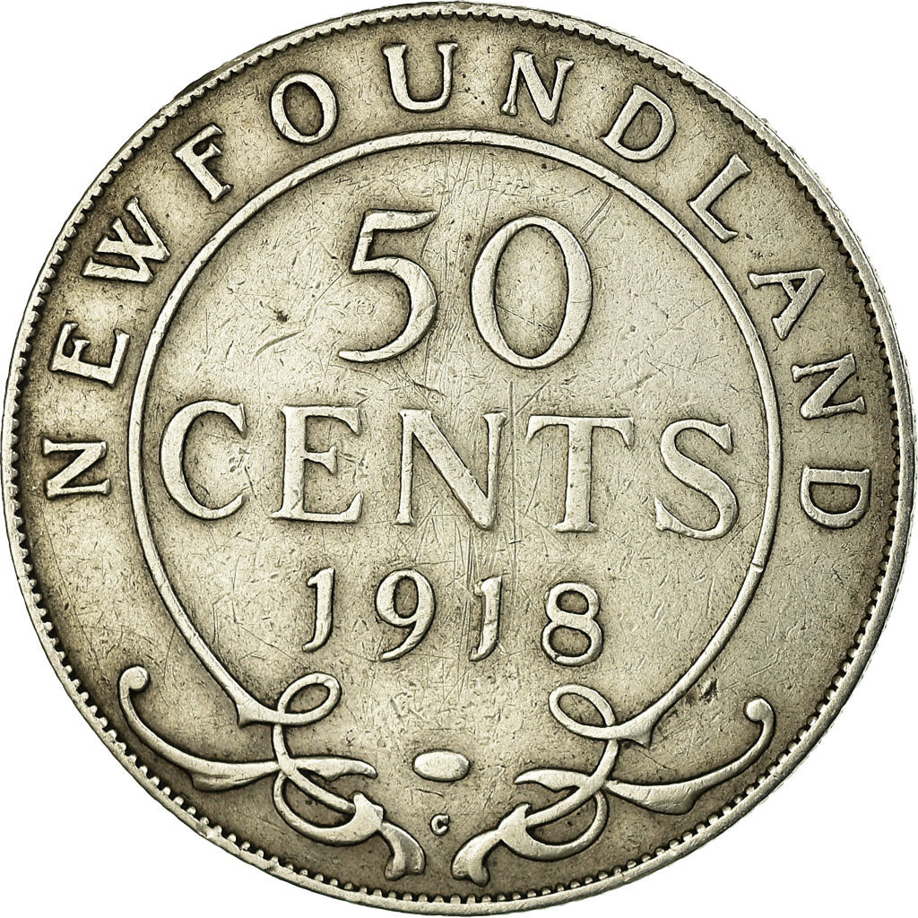 Moneda, TERRANOVA, 50 Cents, 1918, Royal Canadian Mint, Ottawa, BC+, Plata