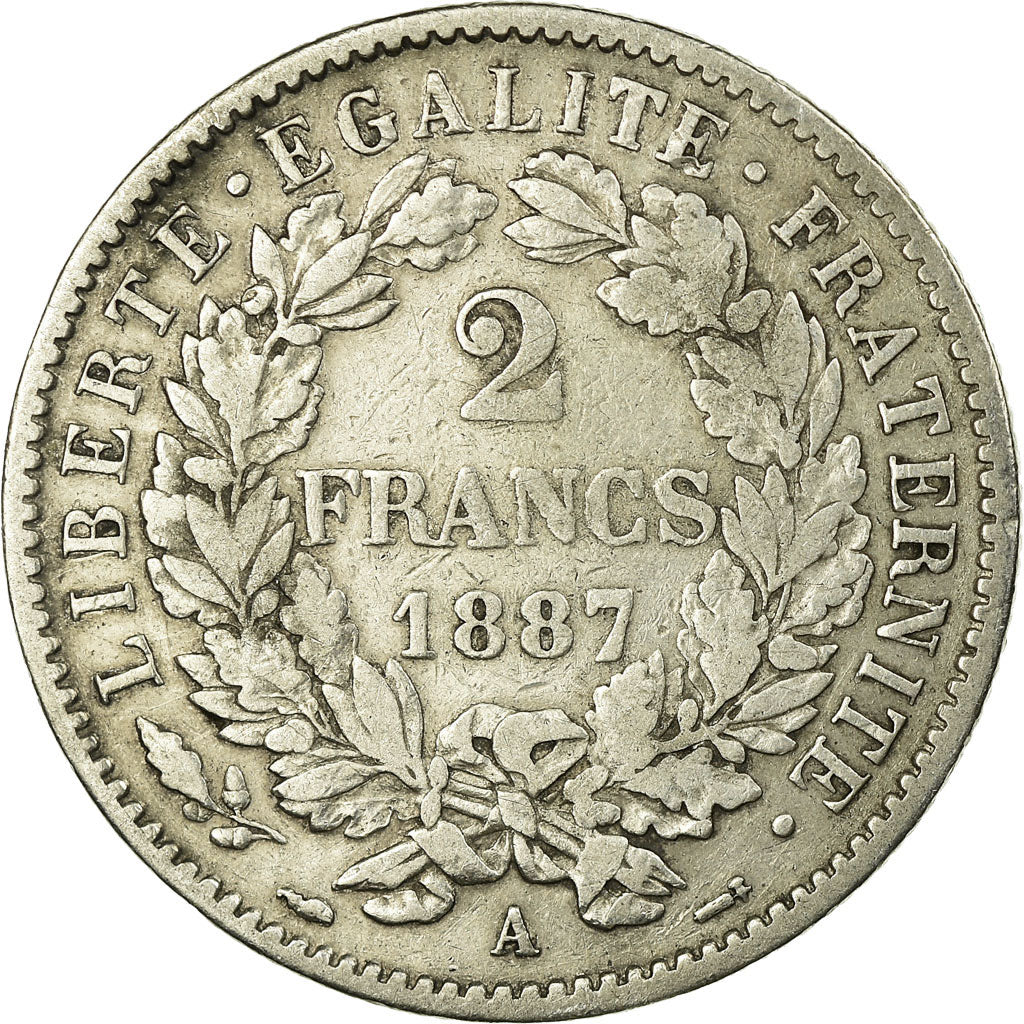 Coin, France, Cérès, 2 Francs, 1887, Paris, VF(20-25), Silver, KM:817.1