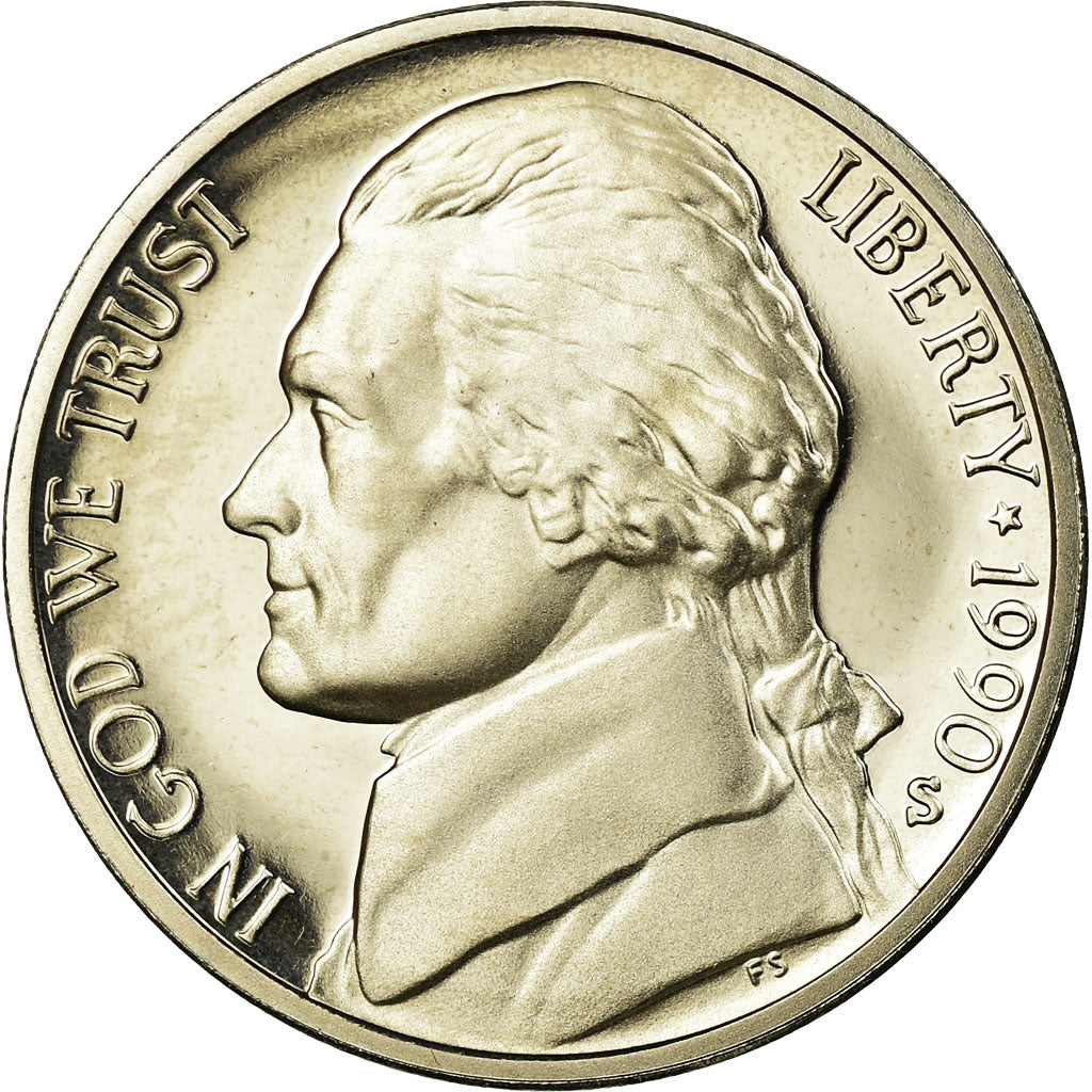 Coin, United States, Jefferson Nickel, 5 Cents, 1990, U.S. Mint, San Francisco