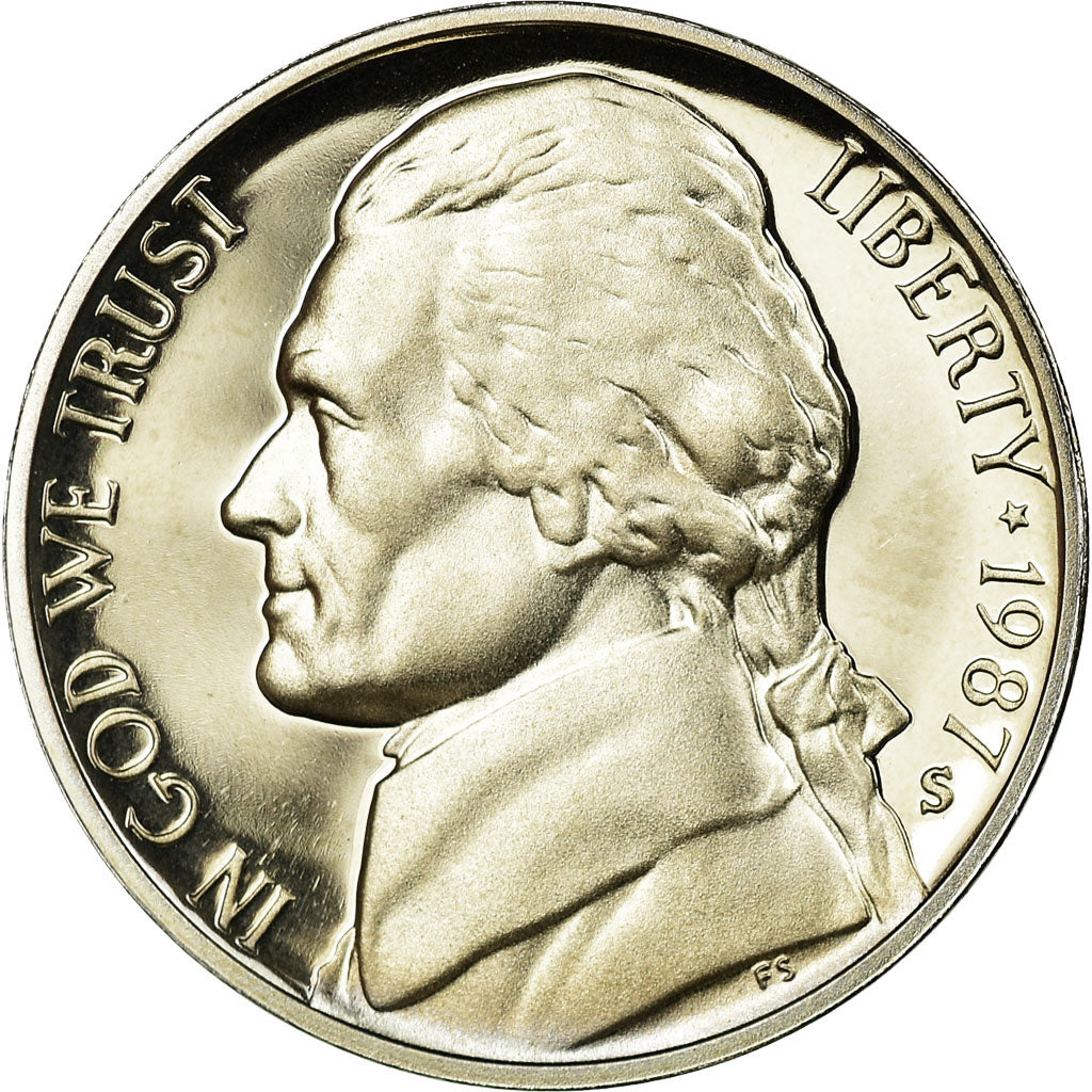 Coin, United States, Jefferson Nickel, 5 Cents, 1987, U.S. Mint, San Francisco