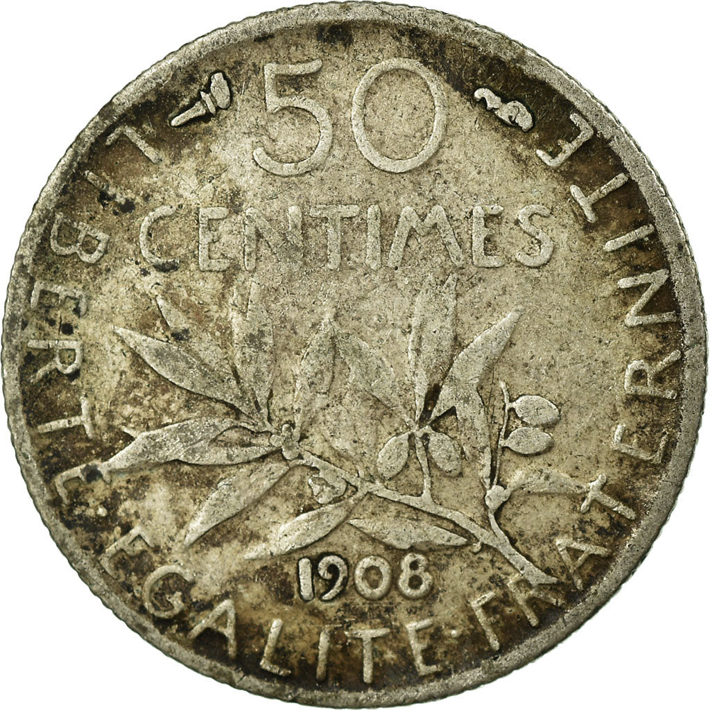 Monnaie, France, Semeuse, 50 Centimes, 1908, Paris, B+, Argent, Gadoury:420