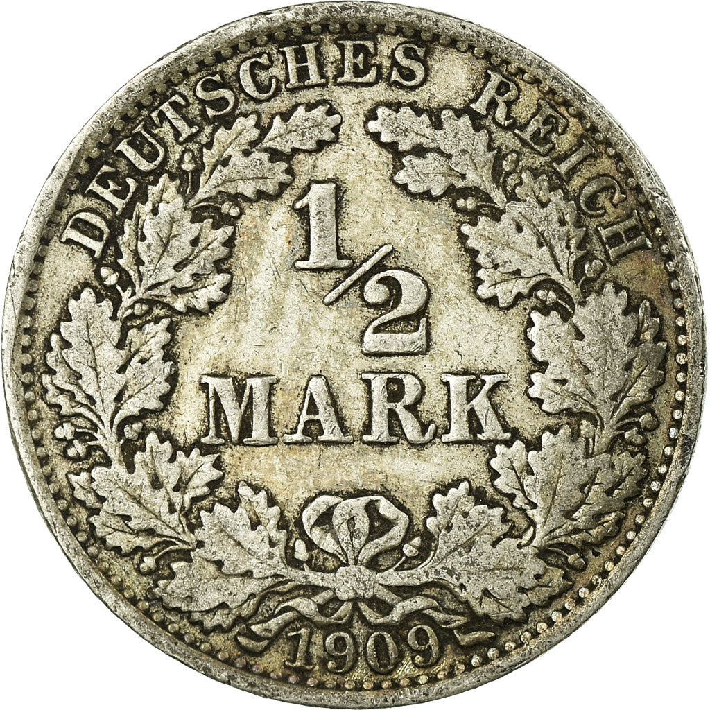 Coin, GERMANY - EMPIRE, 1/2 Mark, 1909, Berlin, EF(40-45), Silver, KM:17