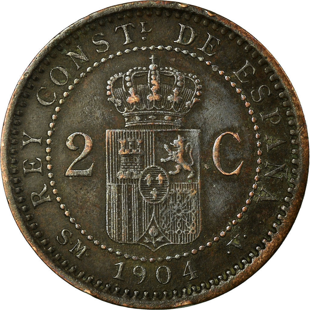 Coin, Spain, Alfonso XIII, 2 Centimos, 1904, Madrid, AU(55-58), Copper, KM:722