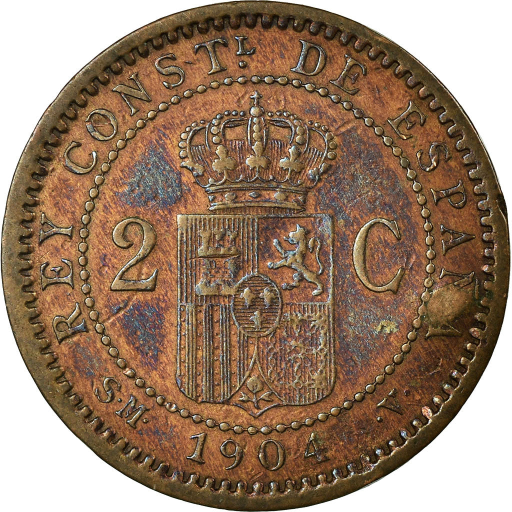 Moneda, España, Alfonso XIII, 2 Centimos, 1904, Madrid, BC+, Cobre, KM:722