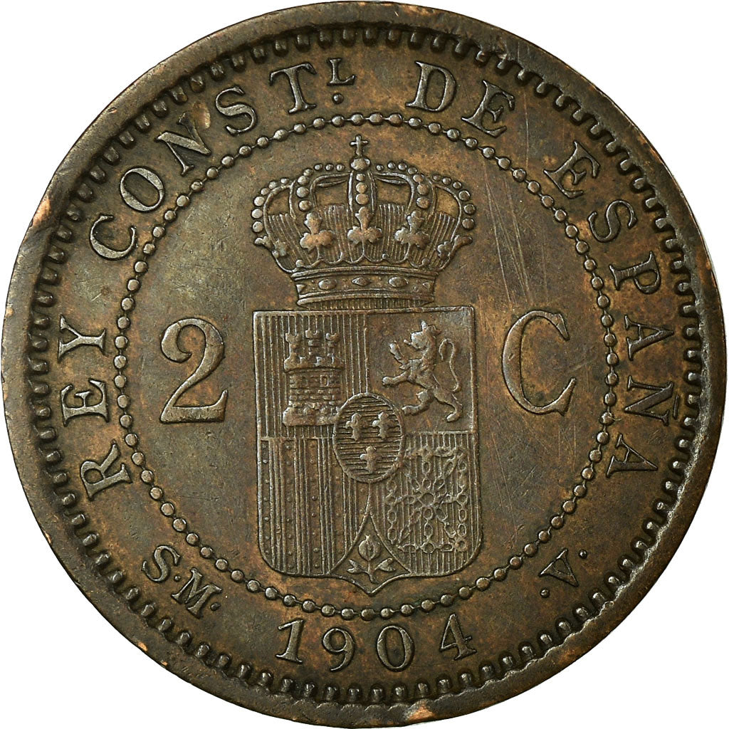 Coin, Spain, Alfonso XIII, 2 Centimos, 1904, Madrid, AU(55-58), Copper, KM:722