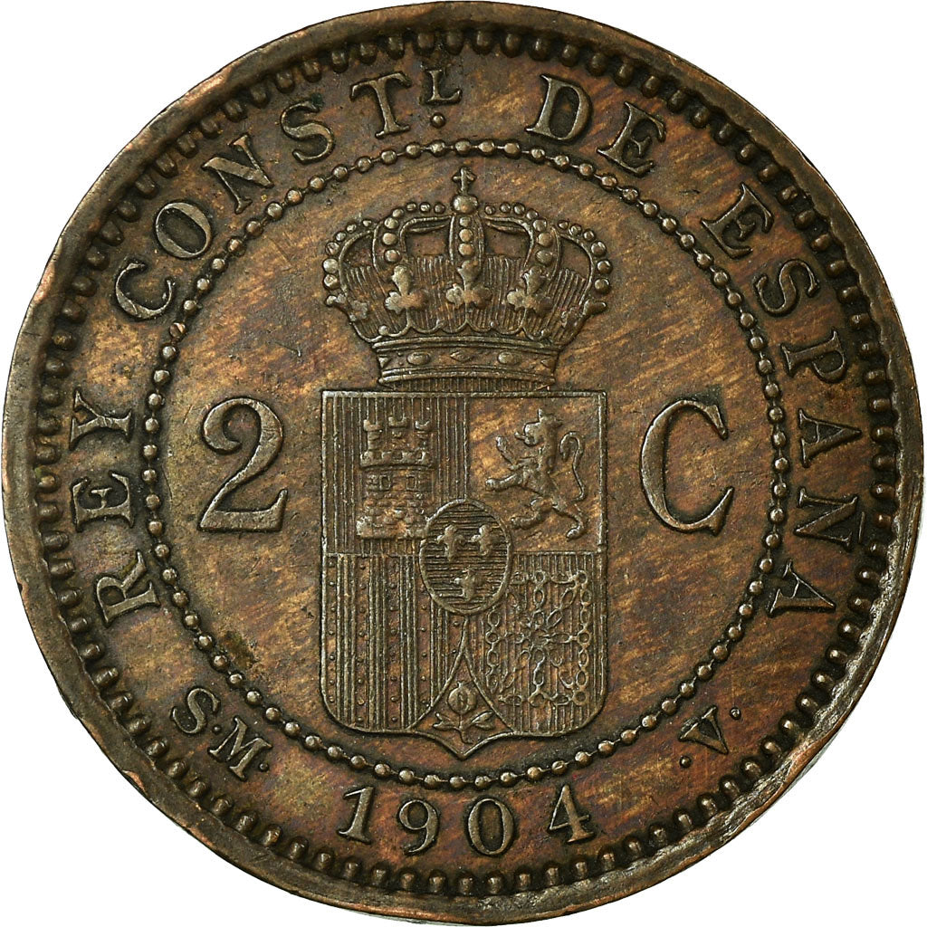 Coin, Spain, Alfonso XIII, 2 Centimos, 1904, Madrid, AU(55-58), Copper, KM:722