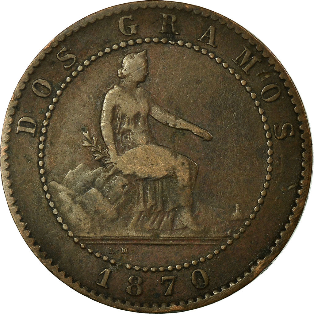 Moneda, España, Provisional Government, 2 Centimos, 1870, Madrid, BC, Cobre