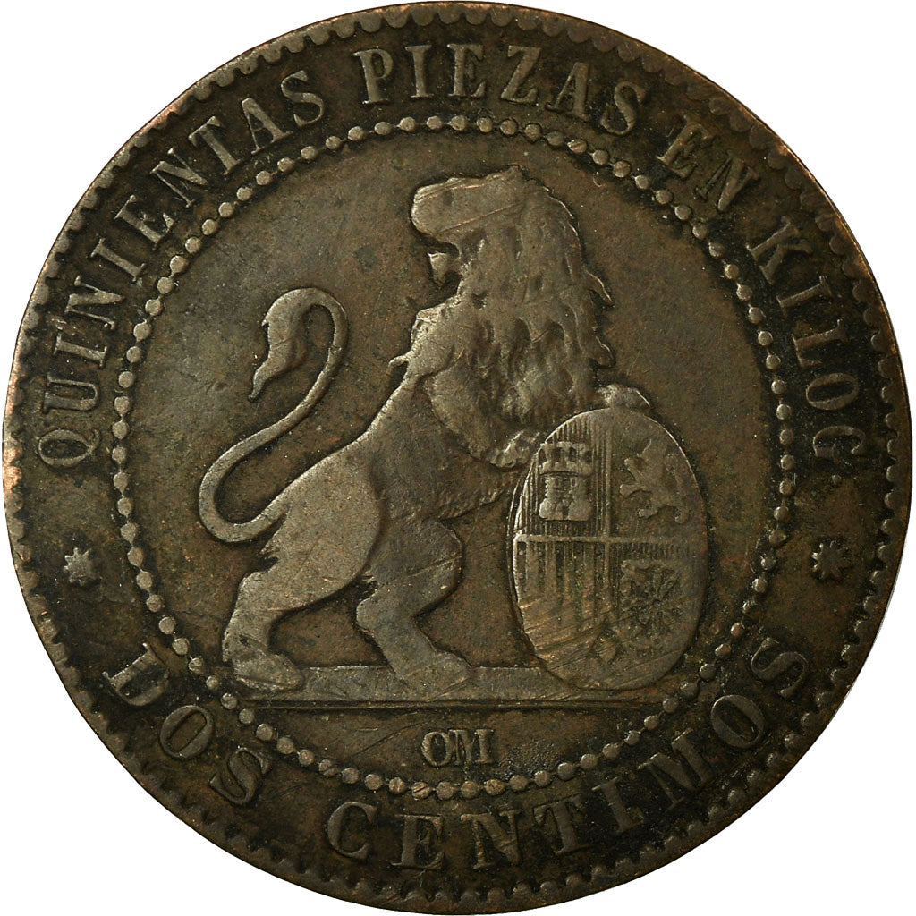 Moneda, España, Provisional Government, 2 Centimos, 1870, Madrid, BC, Cobre