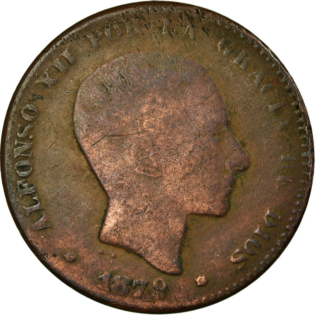 Moneta, Spagna, Alfonso XII, 10 Centimos, 1879, Madrid, MB, Bronzo, KM:675