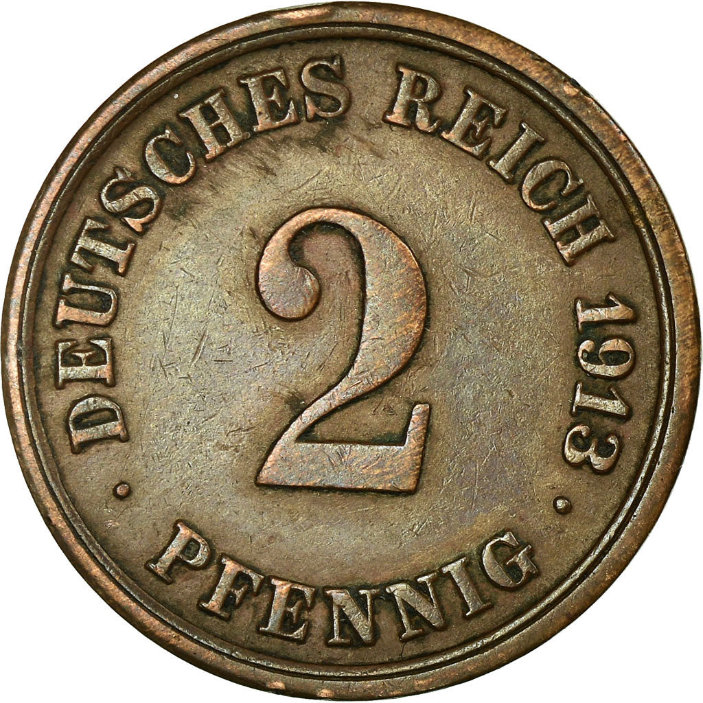 Coin, GERMANY - EMPIRE, Wilhelm II, 2 Pfennig, 1913, Stuttgart, EF(40-45)