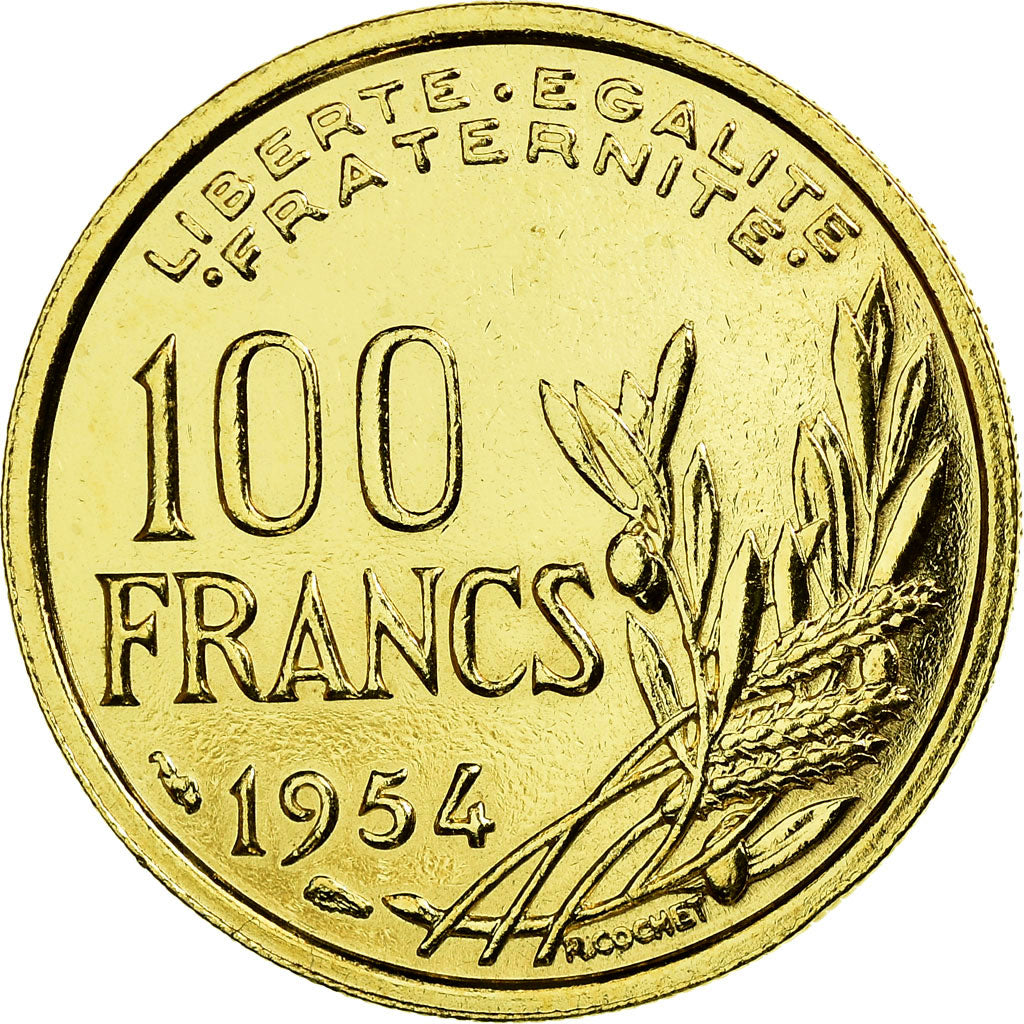 Coin, France, Cochet, 100 Francs, 1954, MS(60-62), Gold plated, KM:919.1