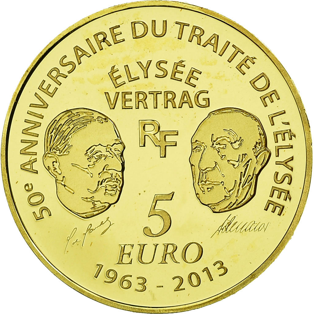 France, 5 Euro, Traité de l'Elysée, 2013, BE, MS(65-70), Gold, Gadoury:EU599