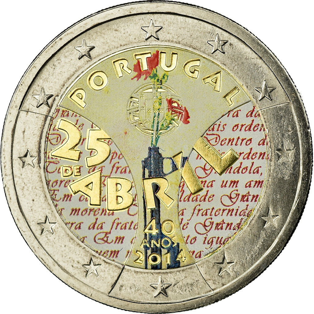 Portugal, 2 Euro, Revolution Oeillets, 2014, Colorised, AU(55-58), Bi-Metallic