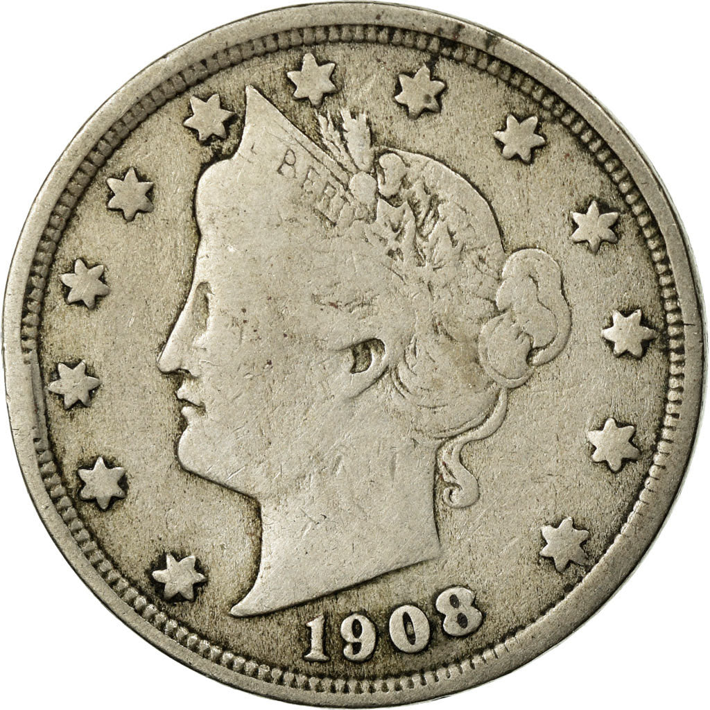 Coin, United States, Liberty Nickel, 5 Cents, 1908, U.S. Mint, Philadelphia