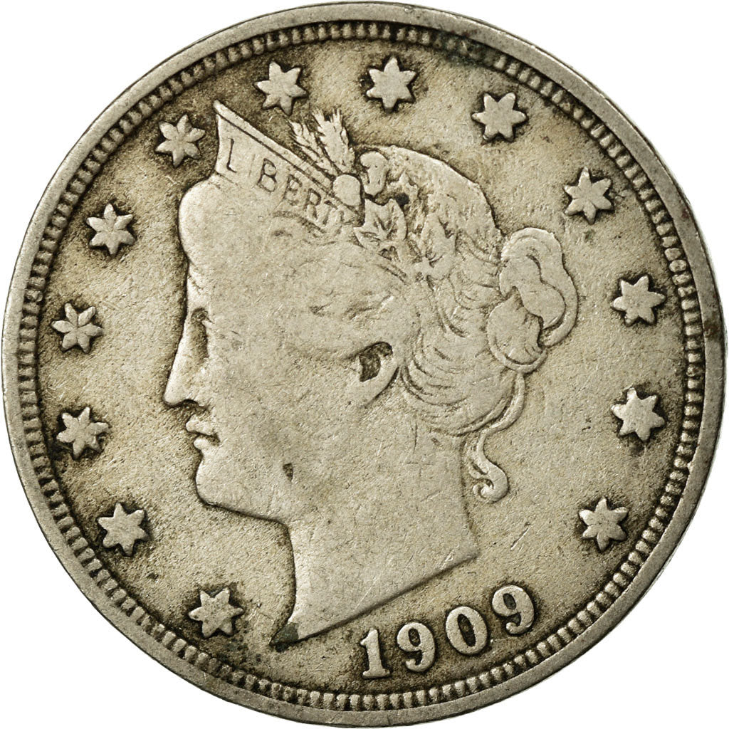 Coin, United States, Liberty Nickel, 5 Cents, 1909, U.S. Mint, Philadelphia