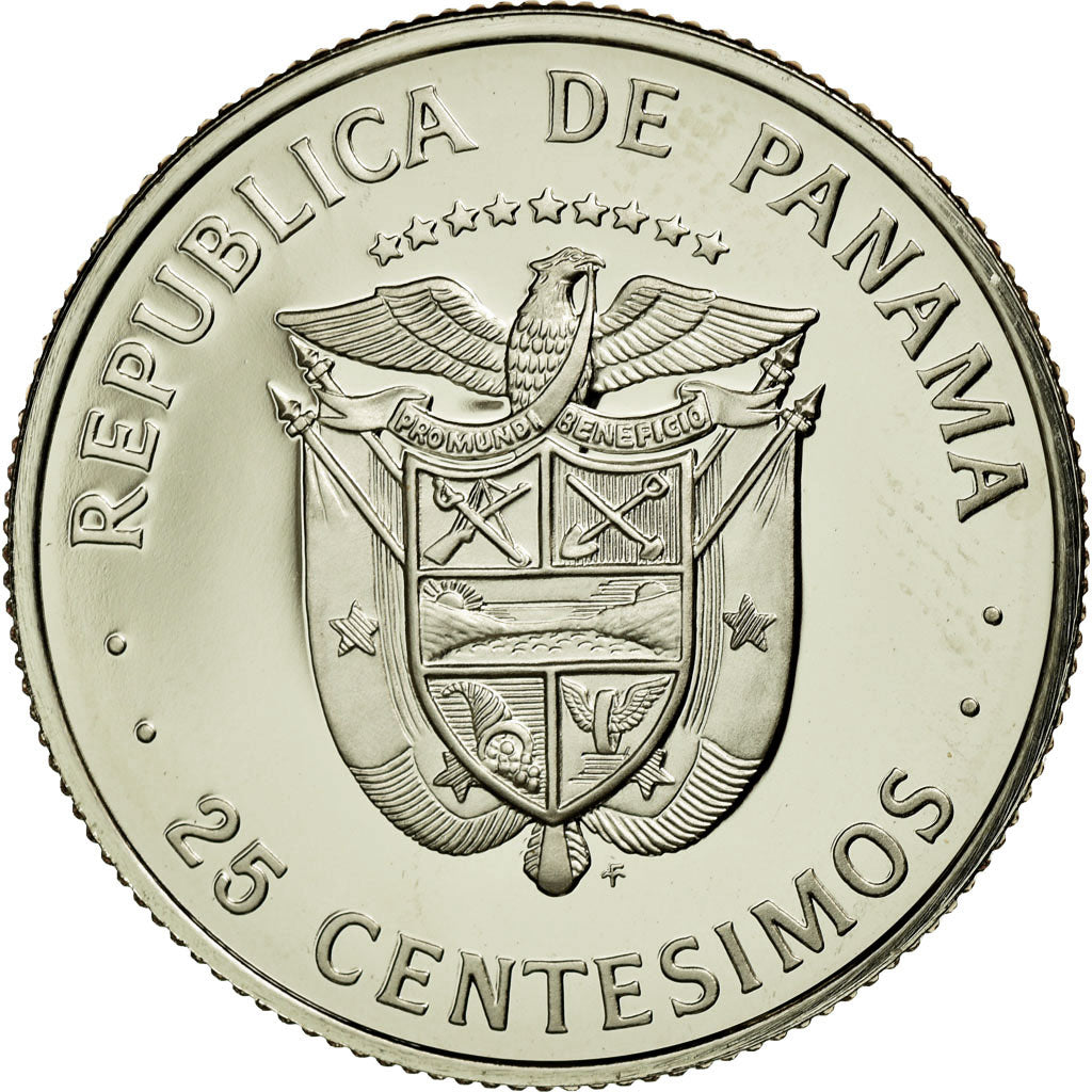 Coin, Panama, 25 Centesimos, 1975, Franklin Mint, MS(65-70), Copper-Nickel Clad
