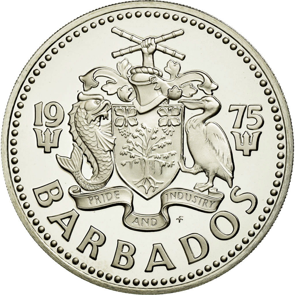 Coin, Barbados, 2 Dollars, 1975, Franklin Mint, MS(65-70), Copper-nickel, KM:15