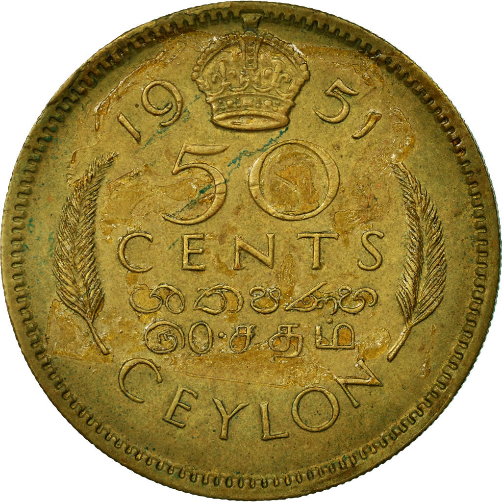 Coin, Ceylon, George VI, 50 Cents, 1951, EF(40-45), Nickel-brass, KM:123