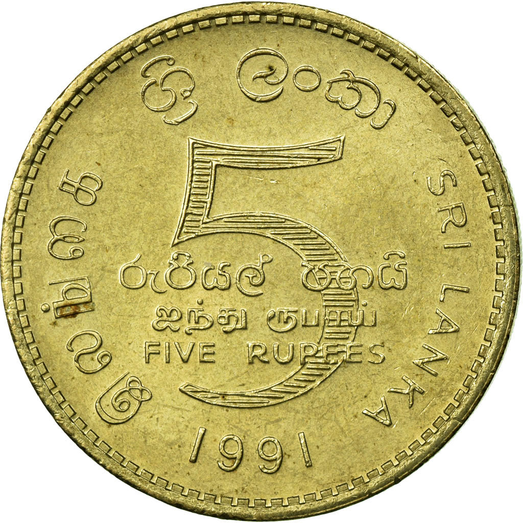 Moeda, Sri Lanka, 5 Rupees, 1991, EF(40-45), Níquel-Latão, KM:148.2