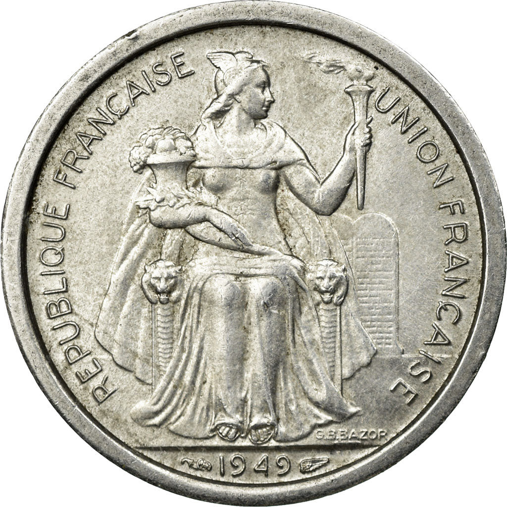 Moneta, OCEANIA FRANCESE, 2 Francs, 1949, BB, Alluminio, KM:3