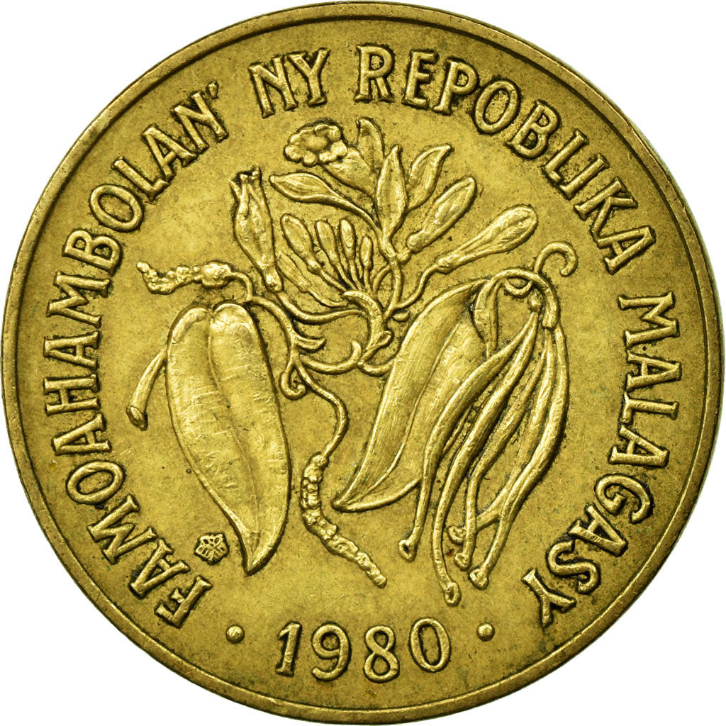 Coin, Madagascar, 10 Francs, 2 Ariary, 1980, Paris, EF(40-45), Aluminum-Bronze
