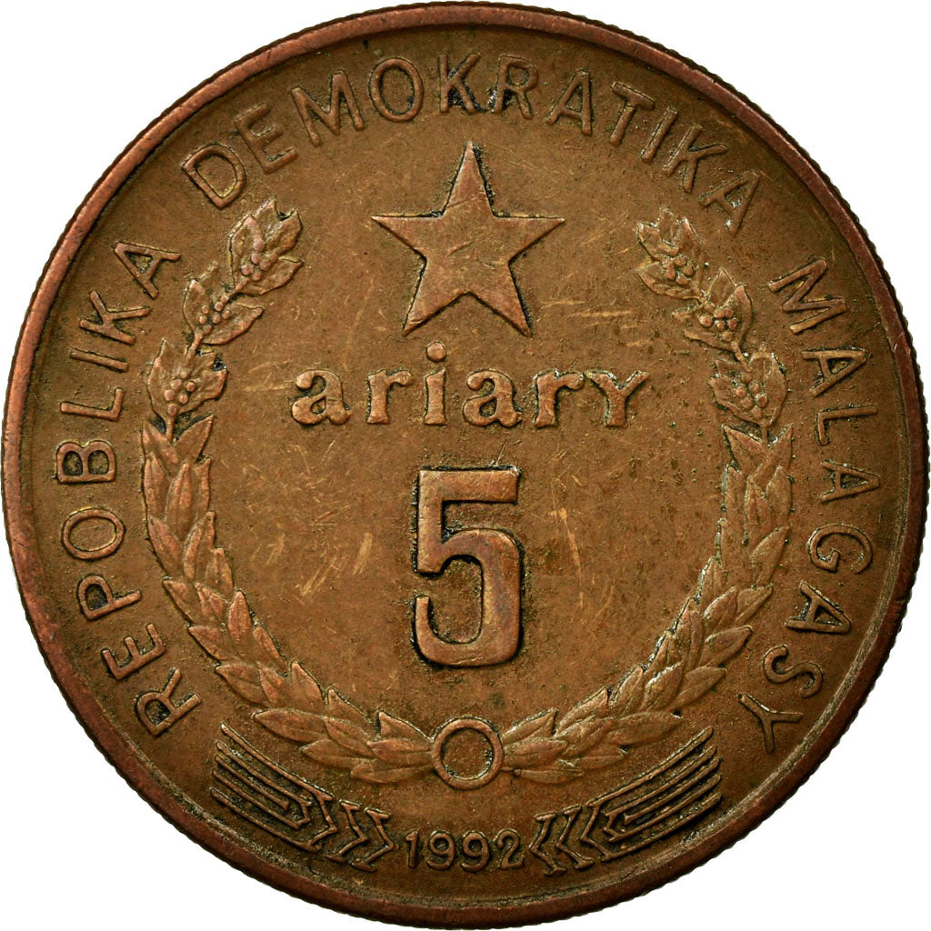 Coin, Madagascar, 5 Ariary, 1992, EF(40-45), Copper Plated Steel, KM:17