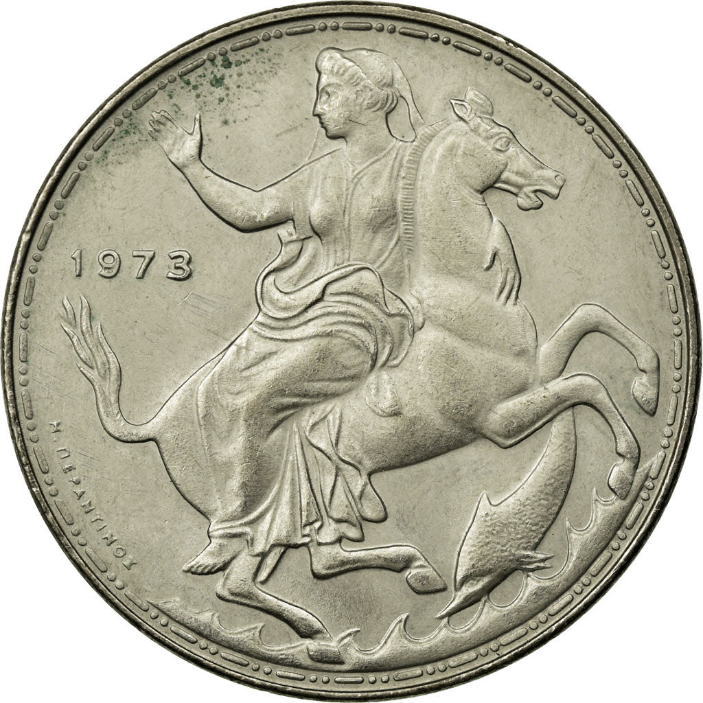 Coin, Greece, Constantine II, 20 Drachmai, 1973, AU(55-58), Copper-nickel