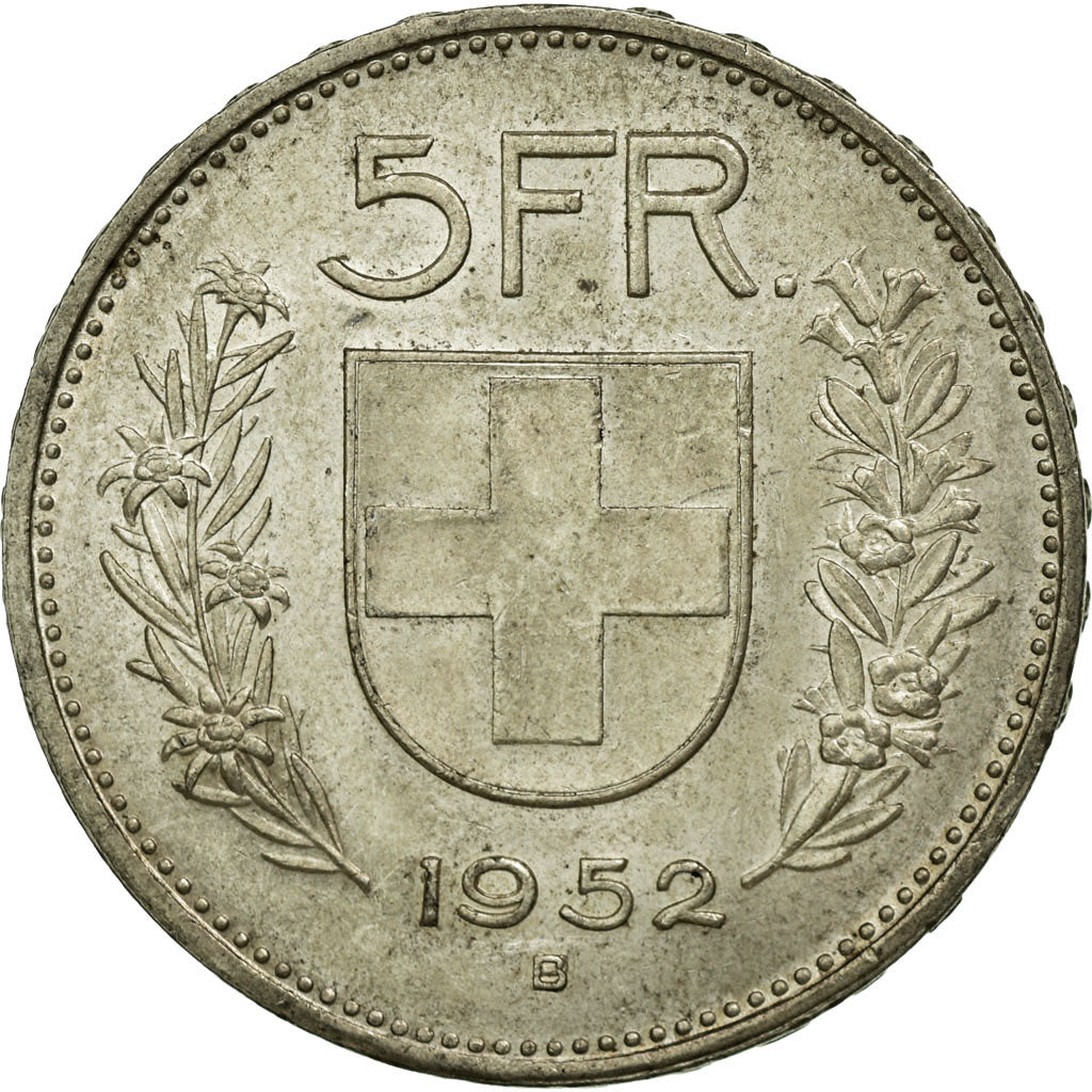 Coin, Switzerland, 5 Francs, 1952, Bern, EF(40-45), Silver, KM:40